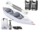 A complete inflatable double kayak set on a white background, including a white and gray inflatable kayak, a black manual pump, two paddles, two paddle cases, and two gray and black life vests. 