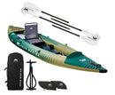 Aqua Marina inflatable angling kayak set with a green and beige colour, 2 paddles with white blades, a black carrying bag, a hand pump, and two paddle covers on a white background.